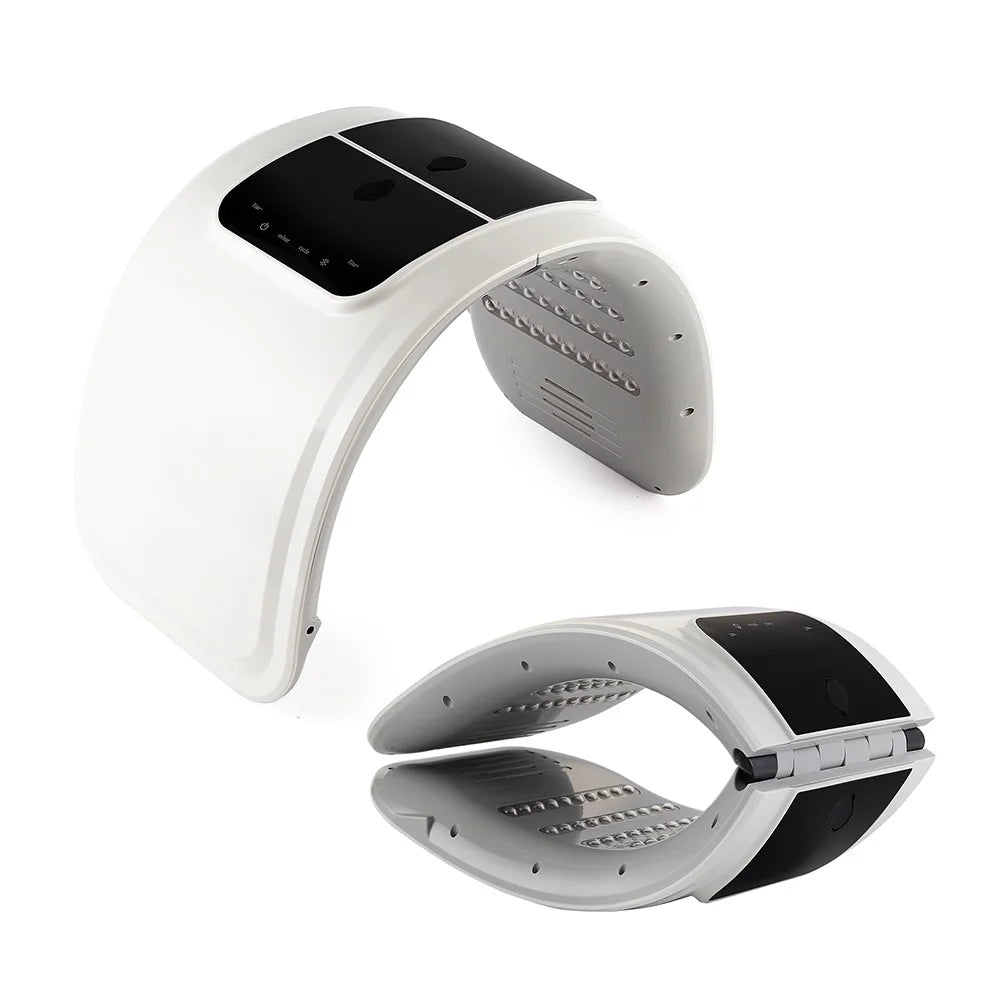 White, foldable LED facial therapy mask with black control panels and inner LED light arrays.