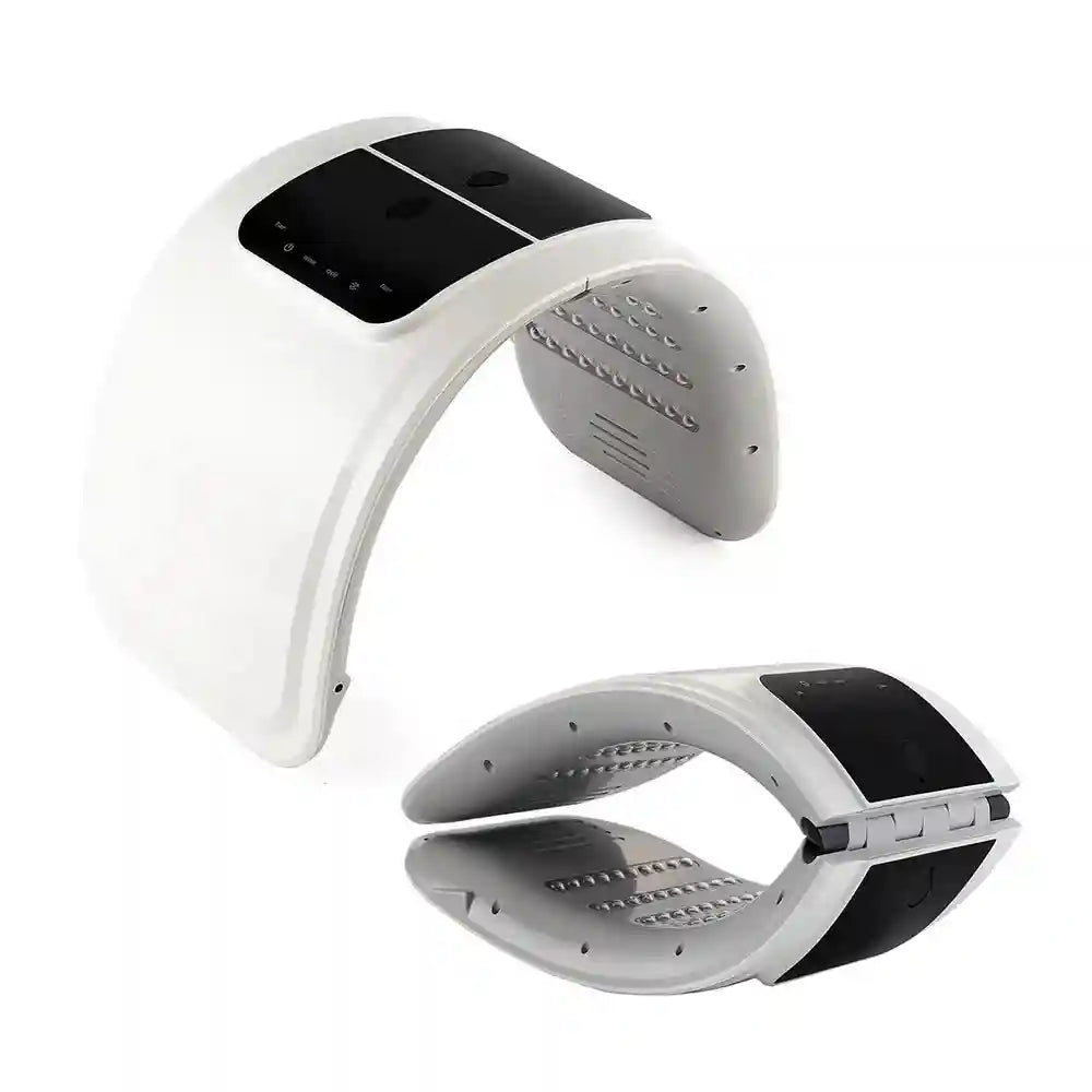 White, arched PDT LED facial therapy device with black control panels, shown in both open and folded positions.