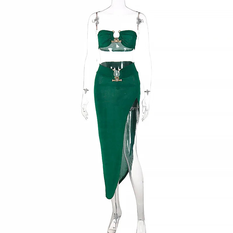 Velvet Sexy Strapless Crop Tube Top High Waist Slit Maxi Dress 2 Pcs Suits 2024 Fall Women Fashion Streetwear Vestido