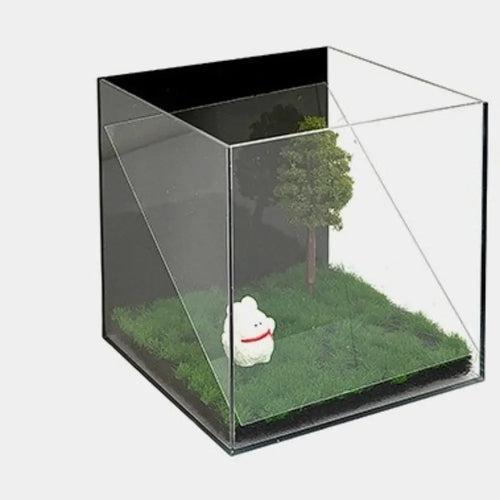 Acrylic pet projection display box with transparent walls, grass base, small toy and tree