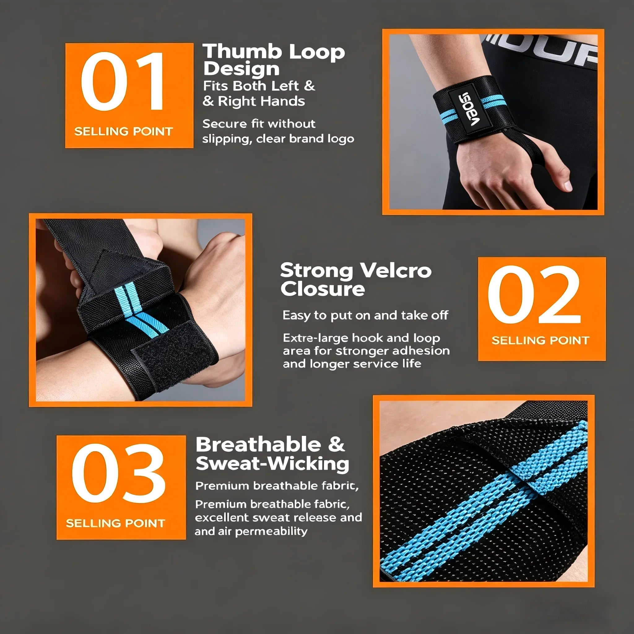 VBOSI Adjustable Wrist Support Brace with Thumb Loop,Heavy Duty Wrist Wraps for Powerlifting, Weight Training&Injury Prevention