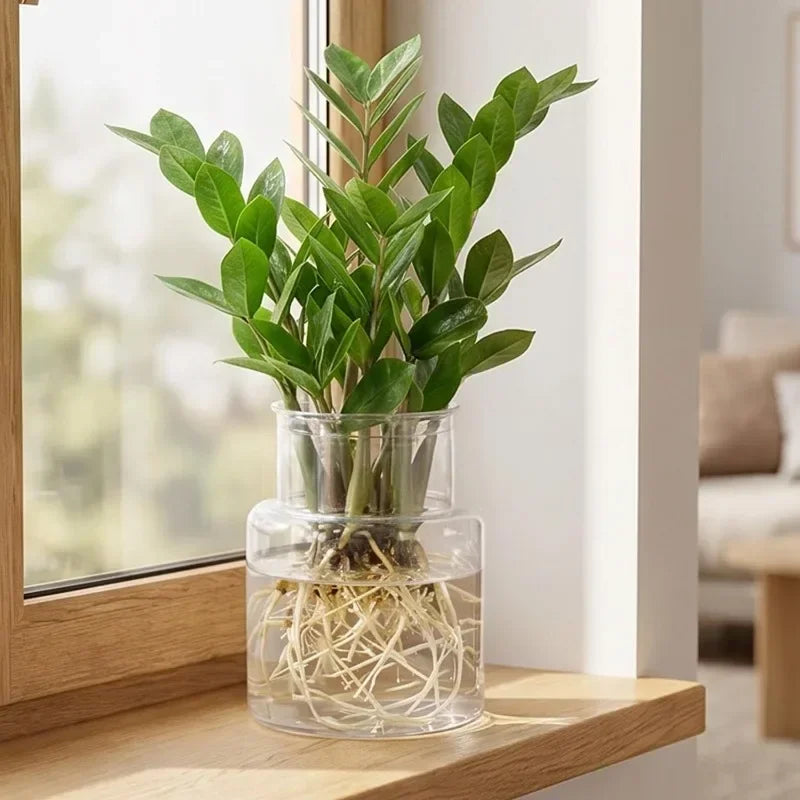 Clear transparent hydroponic plant pot with leafy green plant on a tabletop