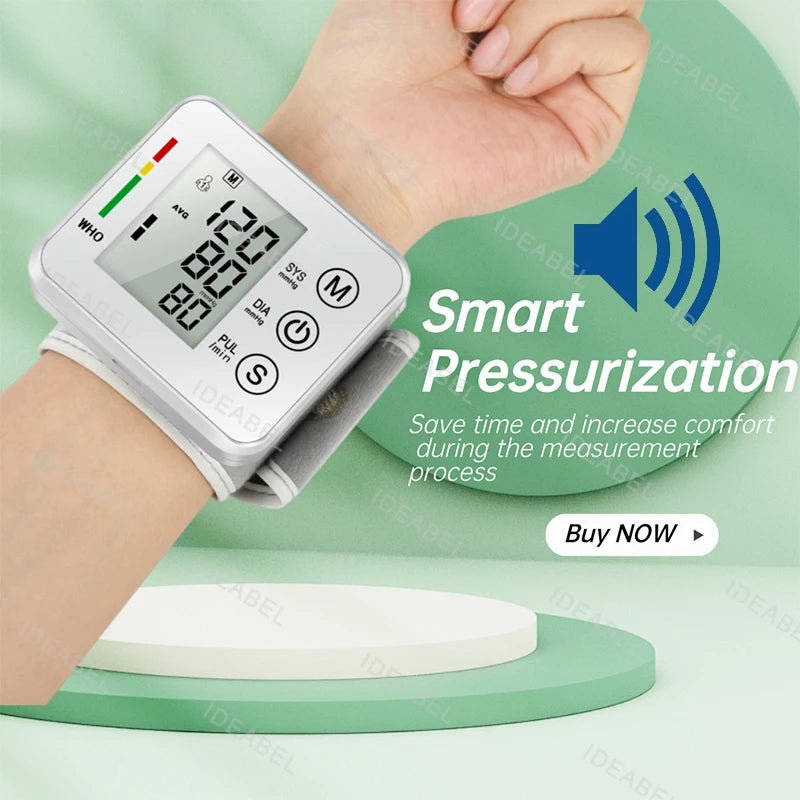 Smart LCD Screen English Voice Broadcast Wrist Blood Pressure Monitor Digital Automatic BP Tonometer Heart Rate Sphygmomanometer