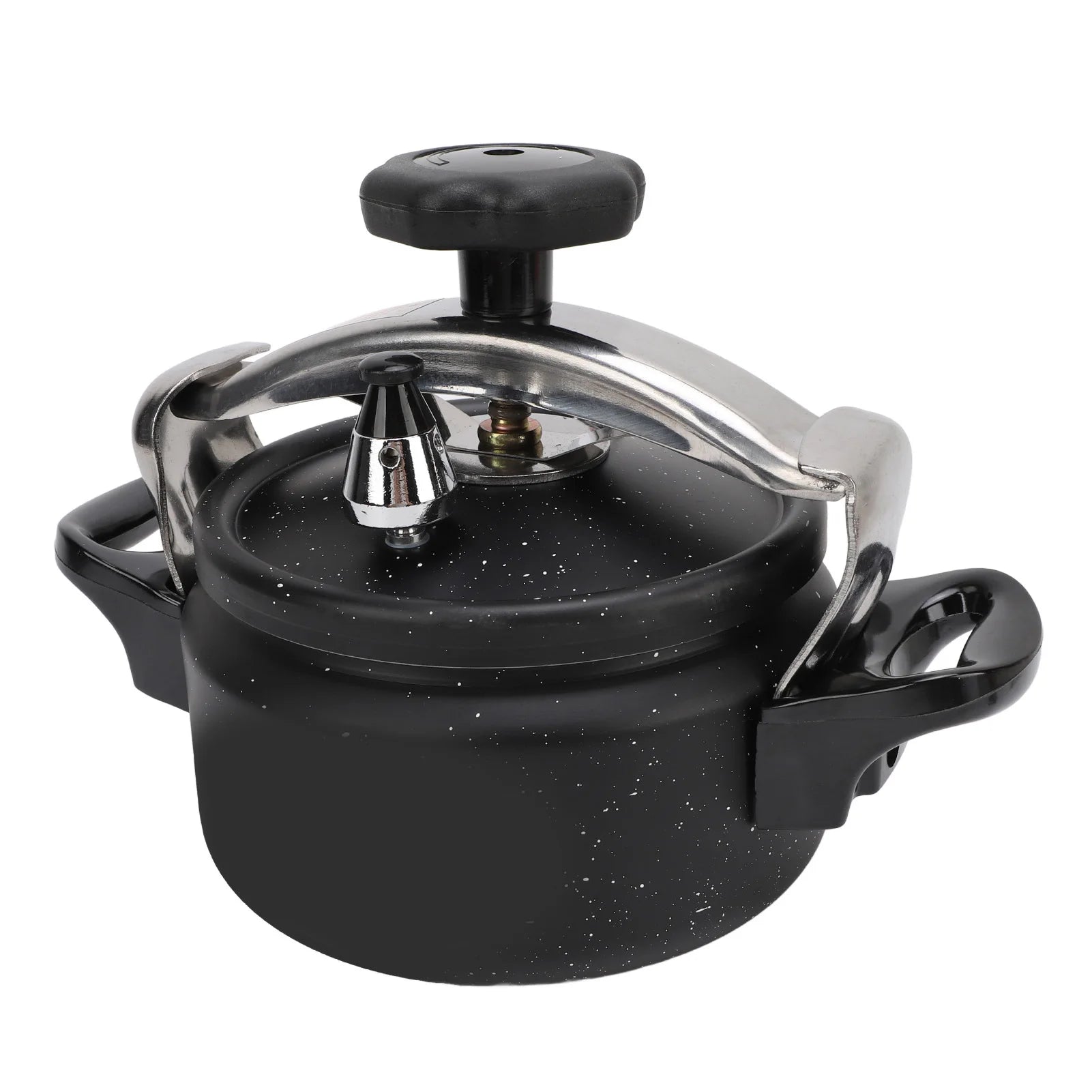 Black speckled pressure cooker with stainless lid cover, steam valve, and curved side handles