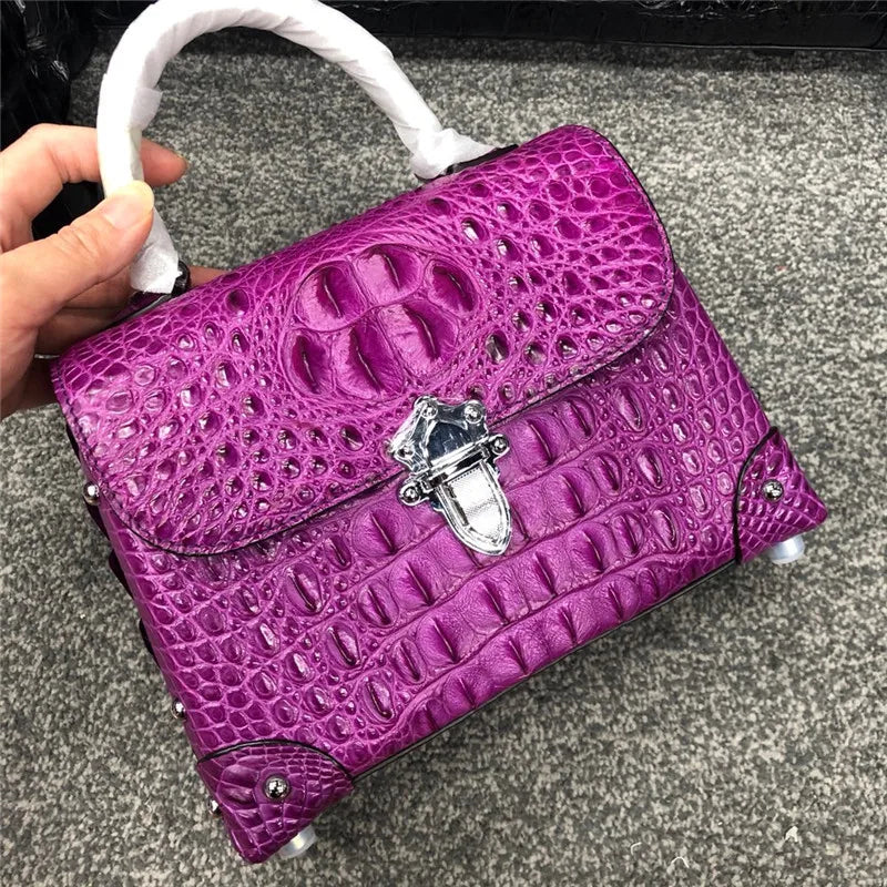 Fashion Design Genuine Crocodile Leather Women Small Purple Purse Authentic Real Leather Lady Female Orange Studs Handbag