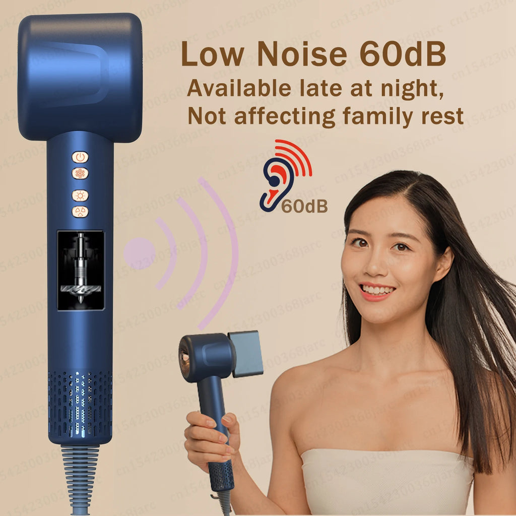 Blue leafless negative ion hair dryer with nozzle attachment and quiet 60dB motor for professional styling.