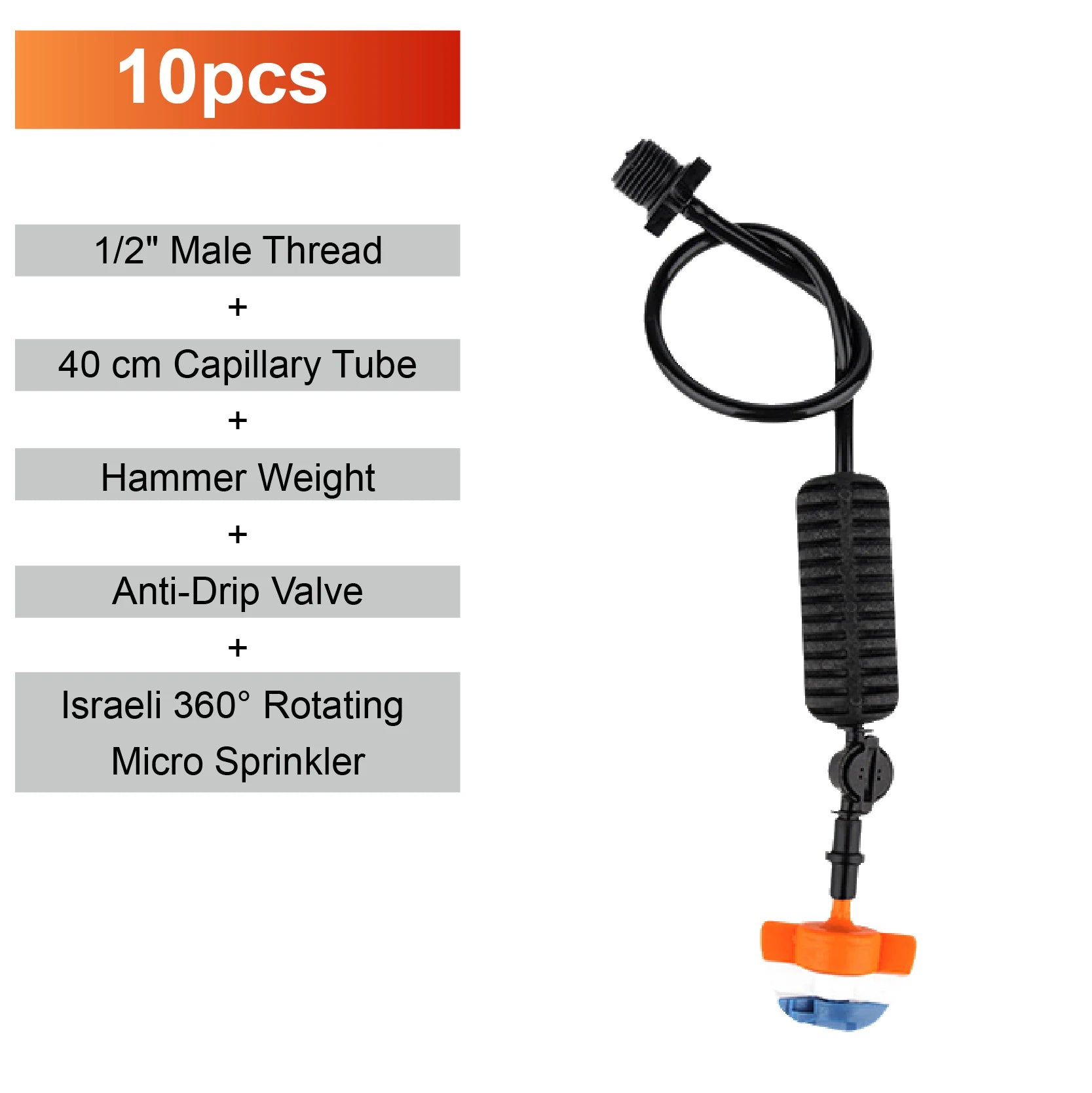 Hanging rotating micro sprinkler with black tube, anti-drip valve, and orange water deflector