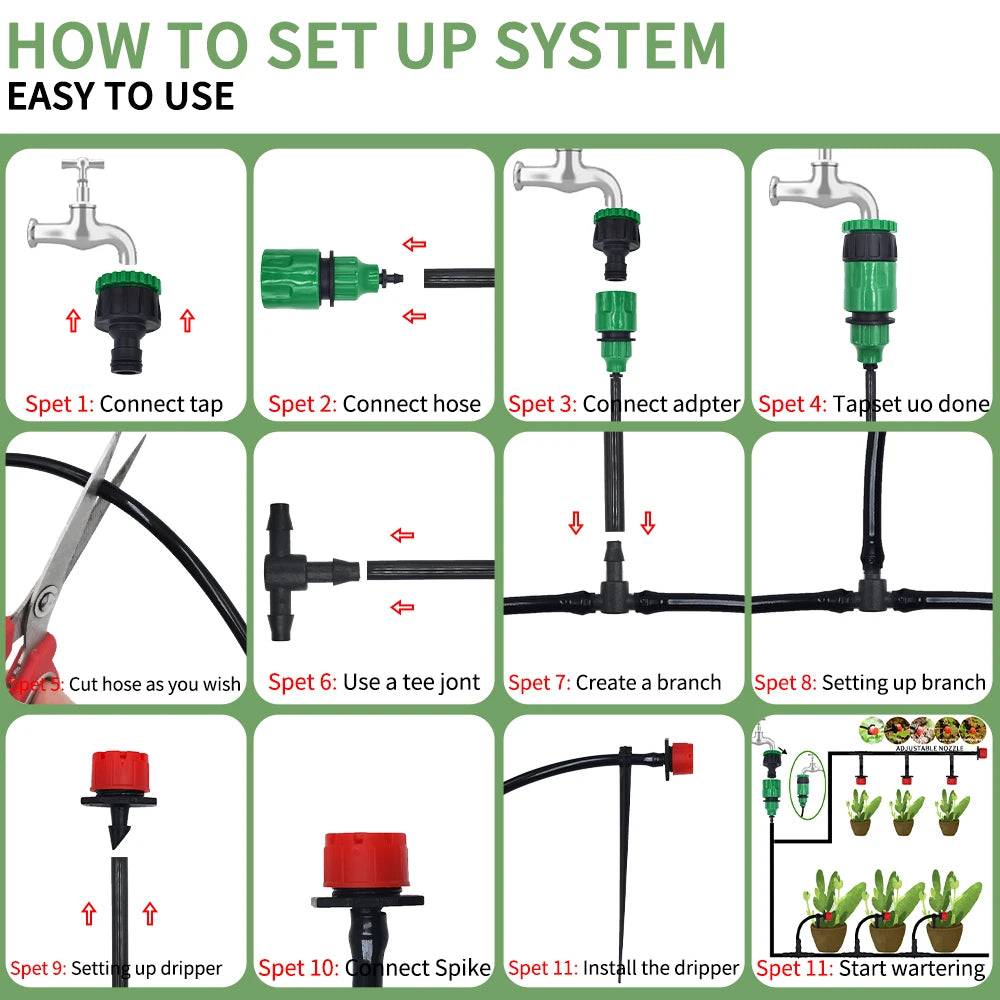 Micro drip irrigation system setup steps with tap adapter, hose, and branching drip lines