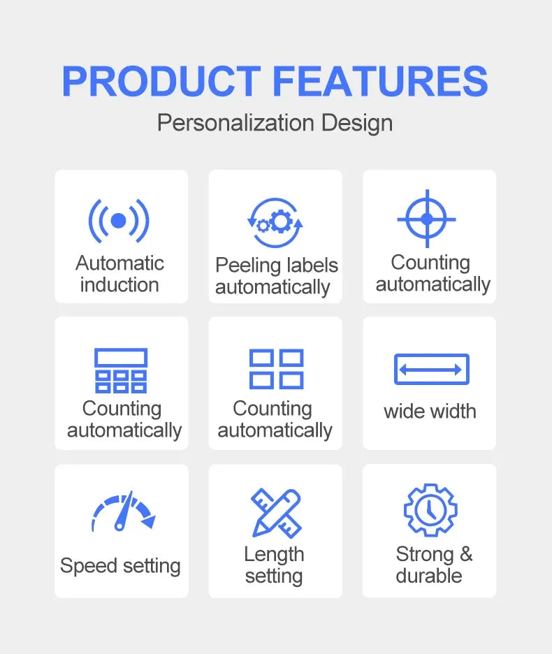 Automatic label stripper product features infographic with icons for settings