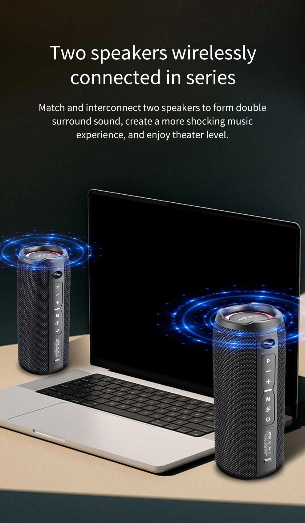 Zealot S49 pro Wireless Speaker,Outdoor Portable Subwoofer Speaker Waterproof IPX 6,, Dual Pairing,3000mAh.