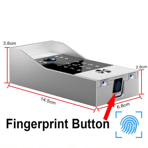 Gray fingerprint access keypad panel with illuminated fingerprint button