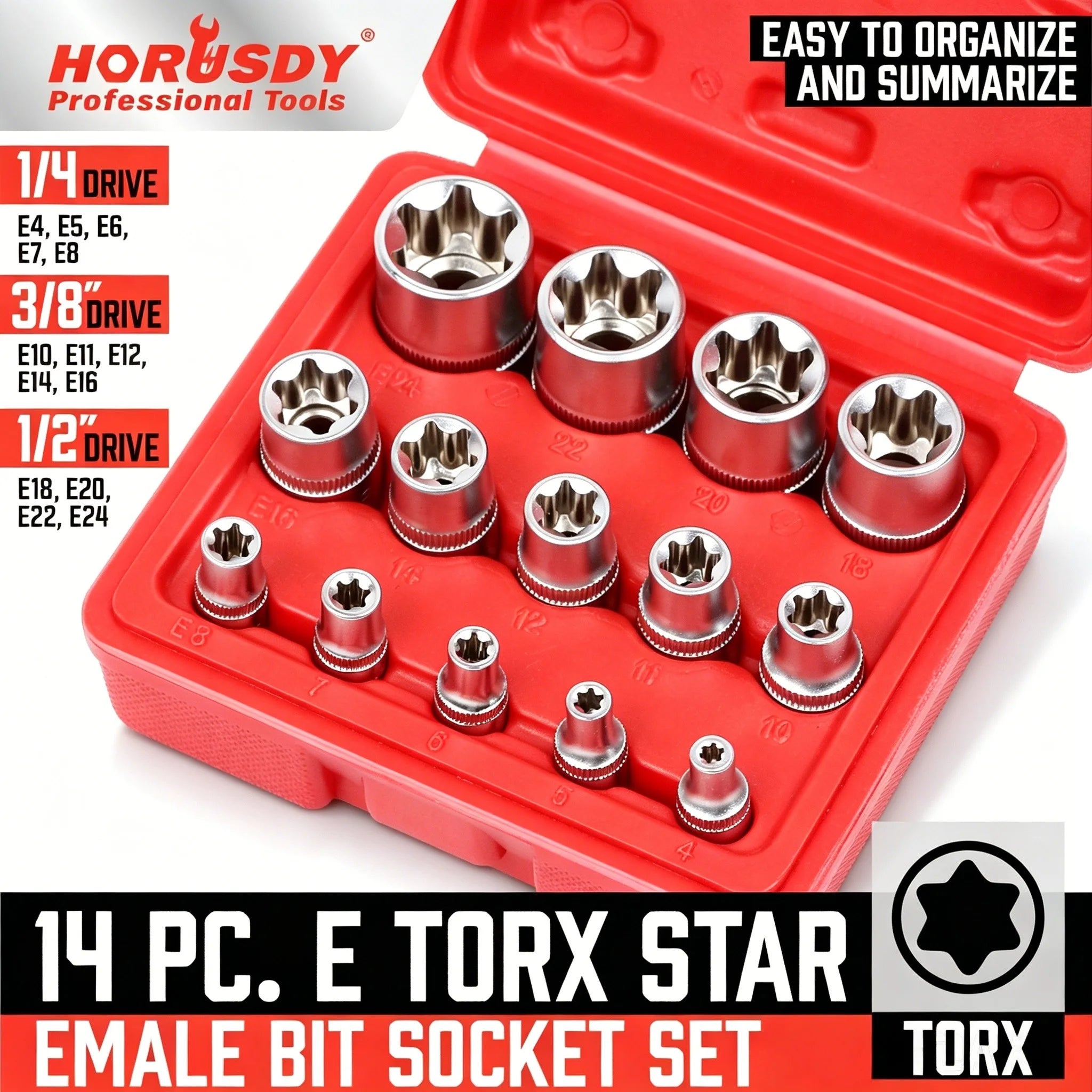 SEDY 14PCS Female E Star Torx Socket Set E4-E24 E-Torx External Hex Socket Insert Nut