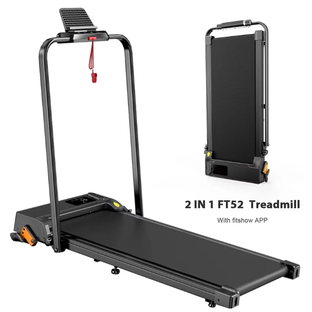 Foldable under-desk treadmill with front console and orange safety lanyard, dark deck