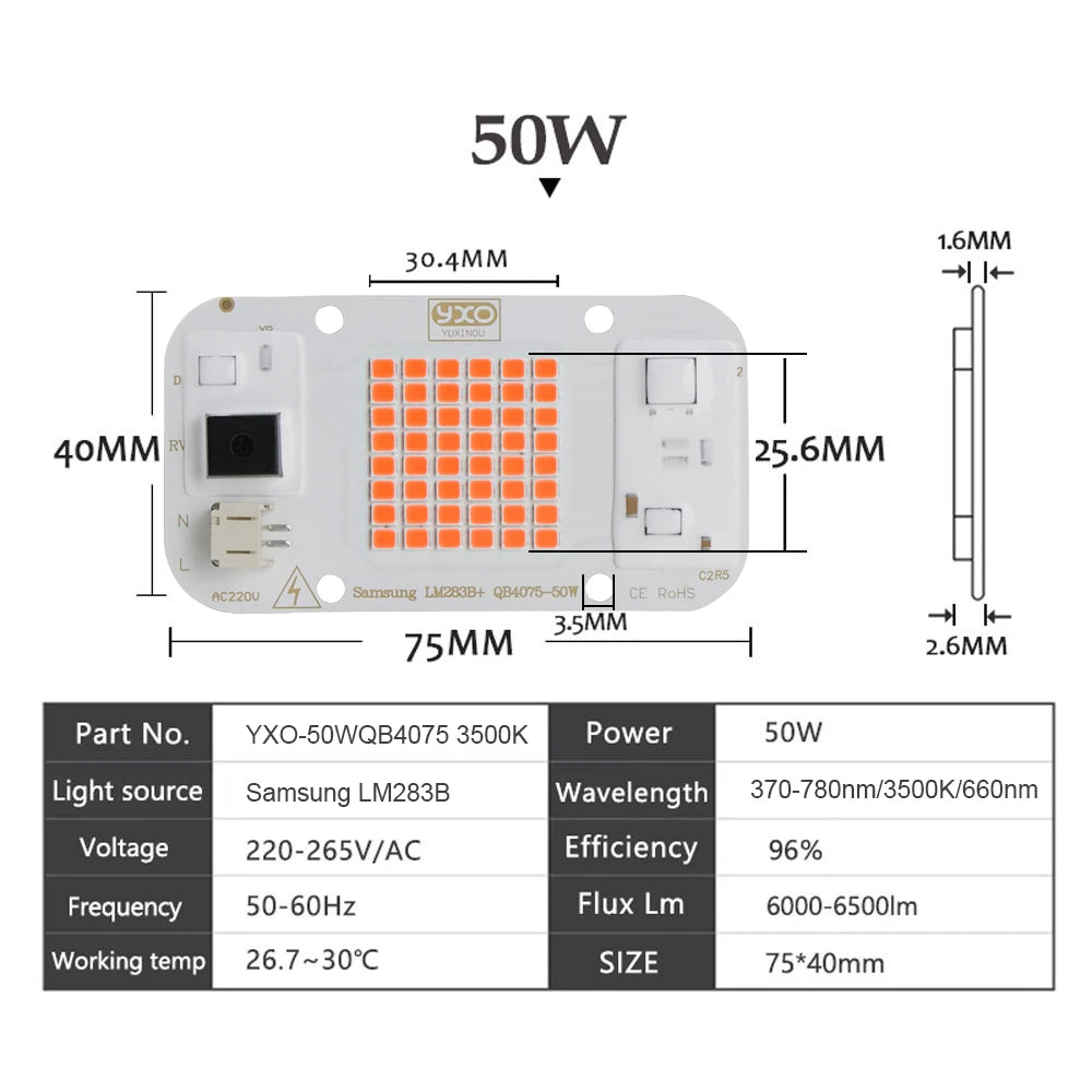 Quantum LED Grow Light Chip LM283B+ 100W 50W DOB COB Full Spectrum Welding Free 220V 110V LED Chip For Indoor Plants