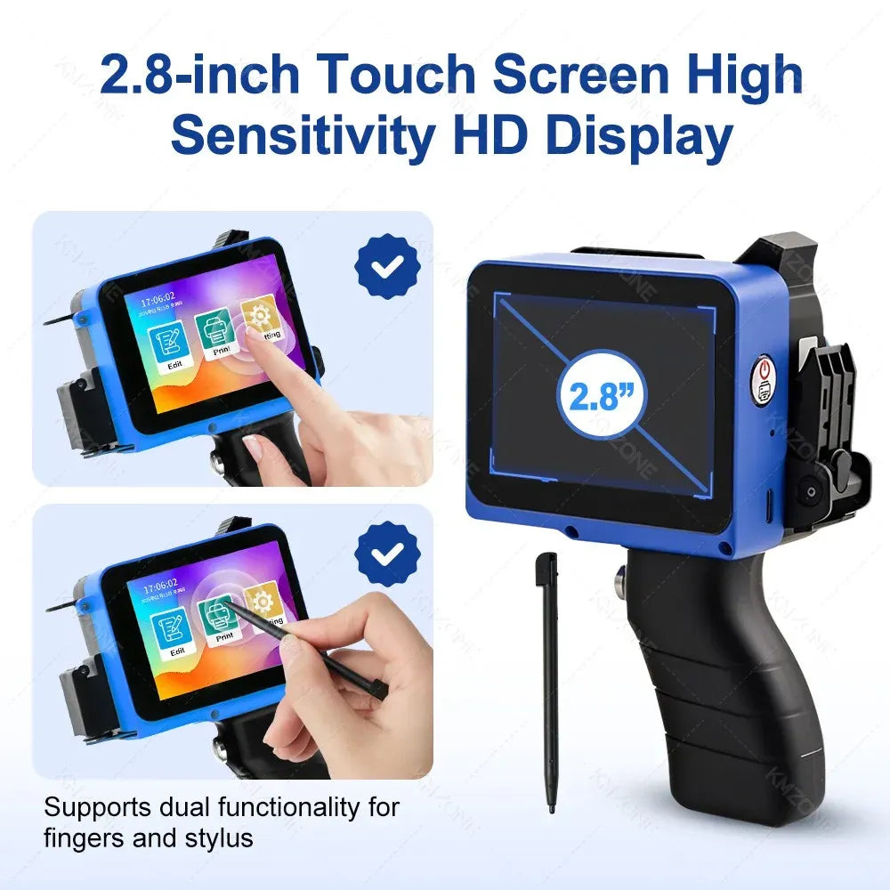 Blue handheld inkjet barcode/date printer with 2.8-inch touch screen, held in hand