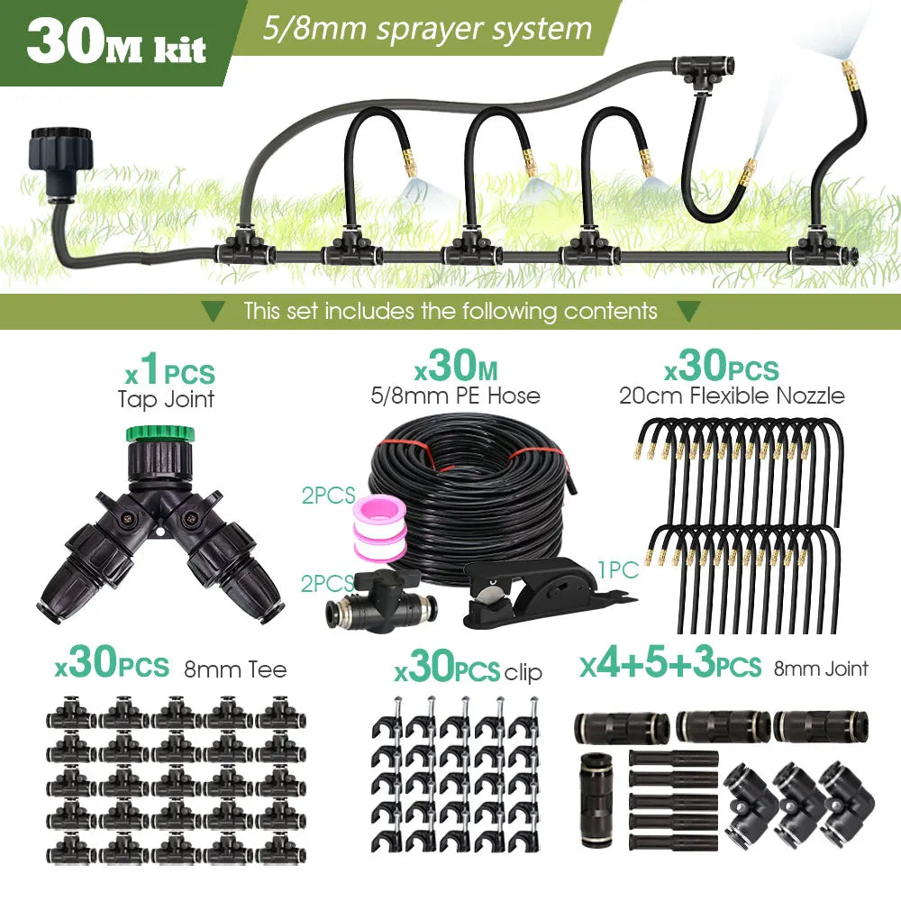 30M irrigation spray kit set with 5/8mm PE hose, tee joints, clips, and nozzles