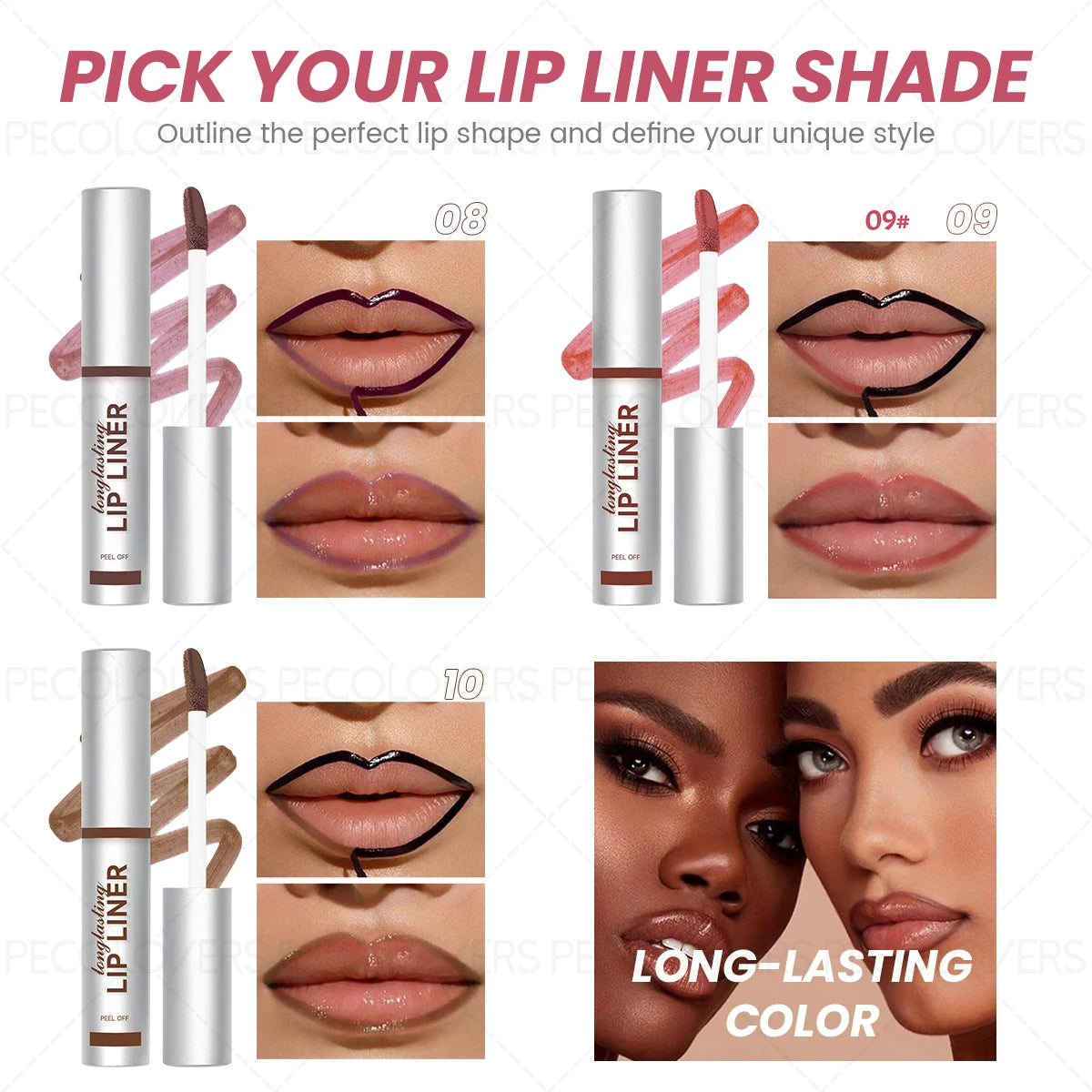 Waterproof tear-off lip liner gloss in shades 08, 09, and 10 for long-lasting, matte custom lip definition.