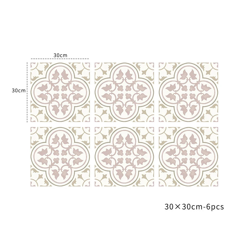 Peel-and-stick vinyl tile set, cream and pink quatrefoil pattern, 6pcs 30x30cm
