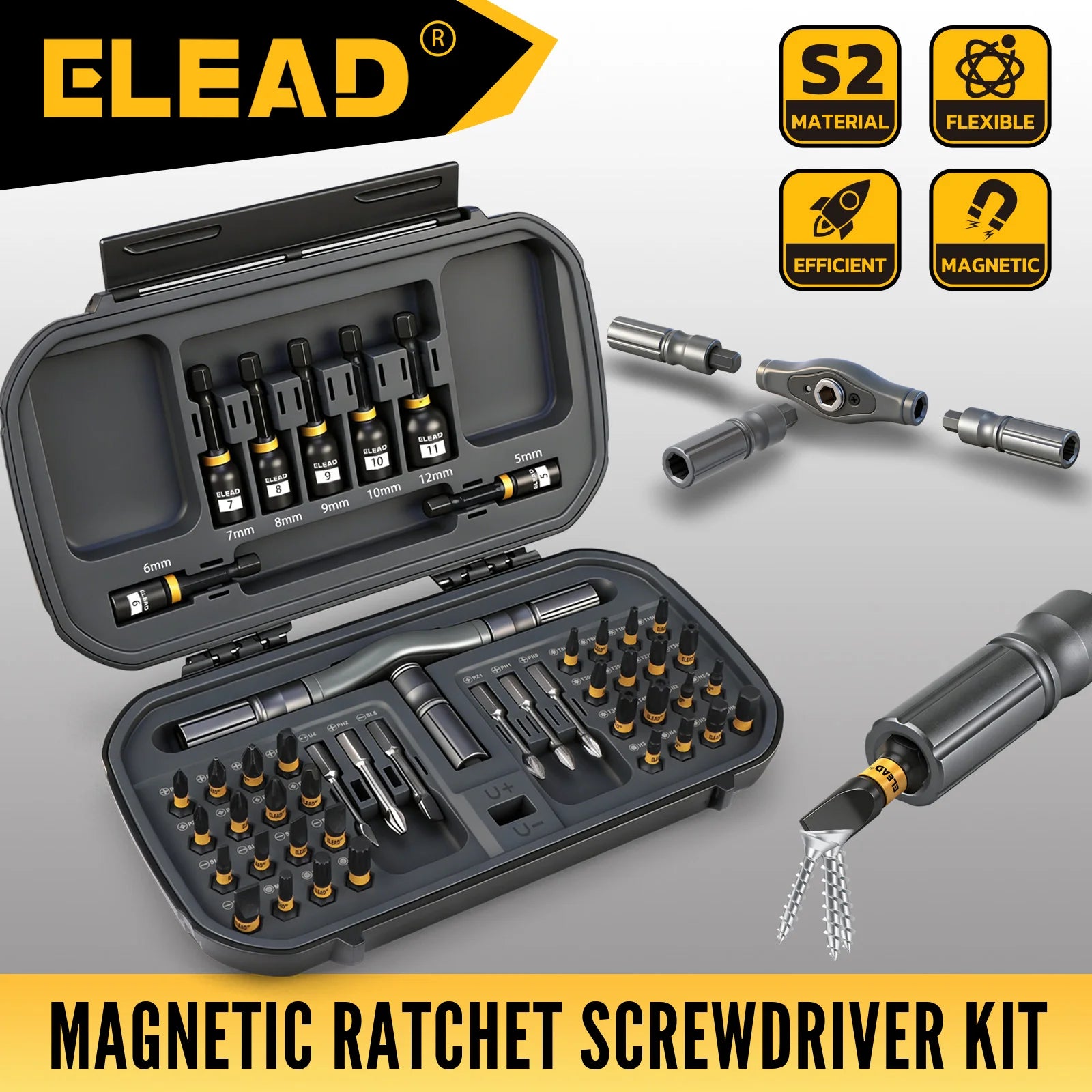 ED 46-in-1 Magnetic Ratchet Screwdriver Set with Bits, Nut Drivers & Storage Case, Multi Repair Tool Kit for Furniture, Computer
