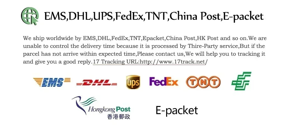Shipping information graphic displaying logos for international carriers like DHL, FedEx, UPS, and EMS for parcel tracking.