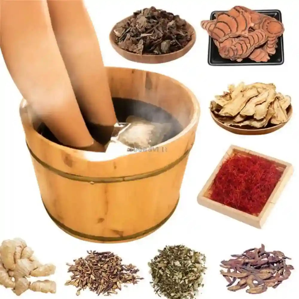 Legs soaking in wooden bucket with herbal foot bath bag, surrounded by natural Chinese medicine ingredients and herbs.