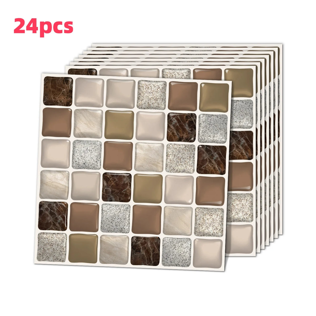 24-piece mosaic tile decal set in beige, brown, and white squares with textured tiles