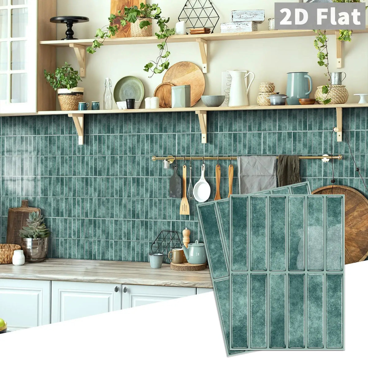 Self-adhesive teal-green tile decal sheets, peel-and-stick backsplash wall decor