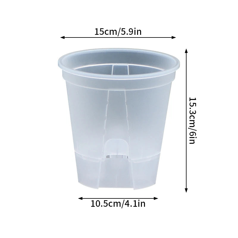 Self-watering flower pot, clear double-layer plastic with round drainage inserts