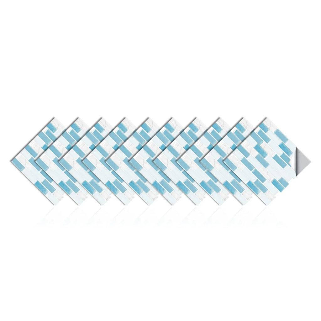 Self-adhesive 3D mosaic tile sticker sheet, light blue and white brick pattern