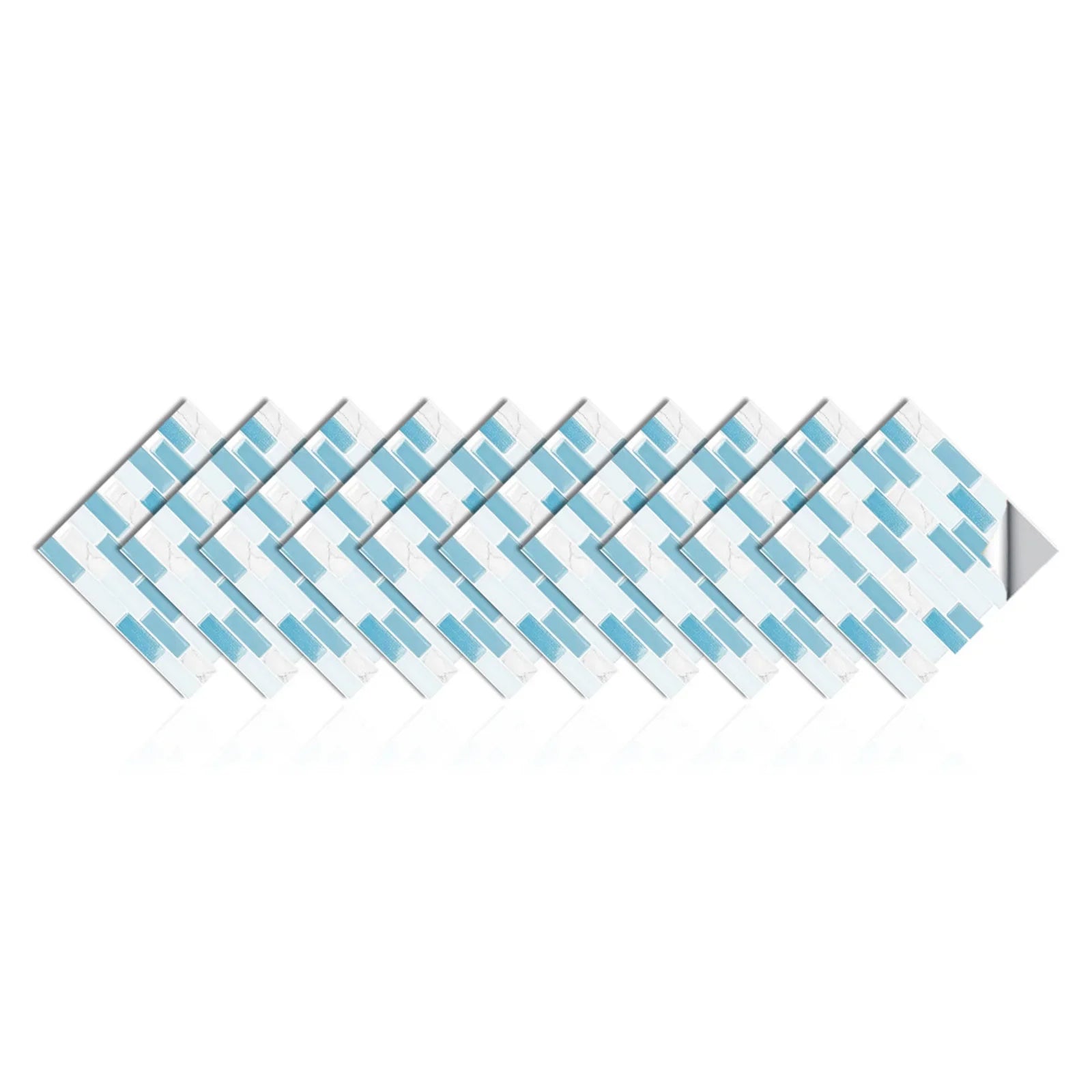 Self-adhesive 3D mosaic tile sticker sheet, light blue and white brick pattern