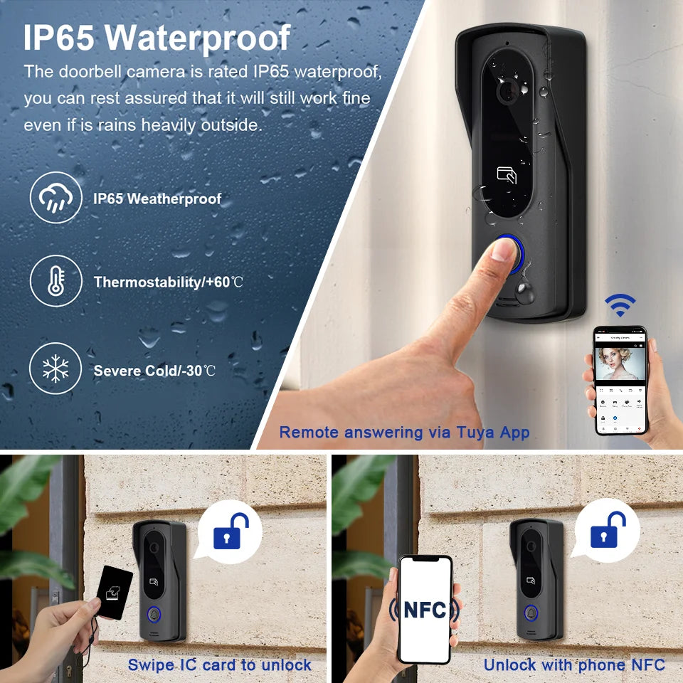 Tuya Wifi 7inch 4 Wires Video Doorbell HD Monitor RFID Metal IR Camera Visual Intercom Two-way Audio APP Unlock Video Door Phone