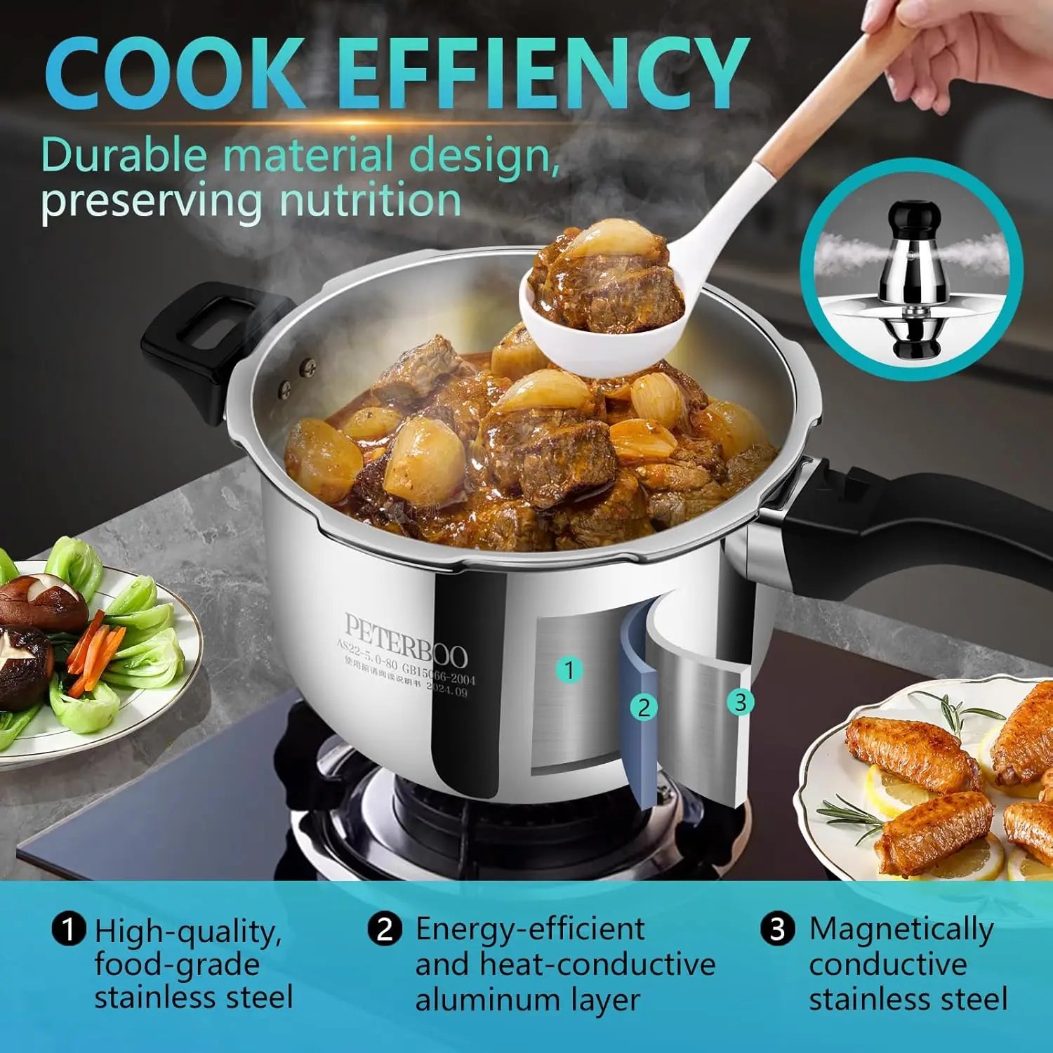 Stainless steel pressure cooker with lid open showing cooked food inside