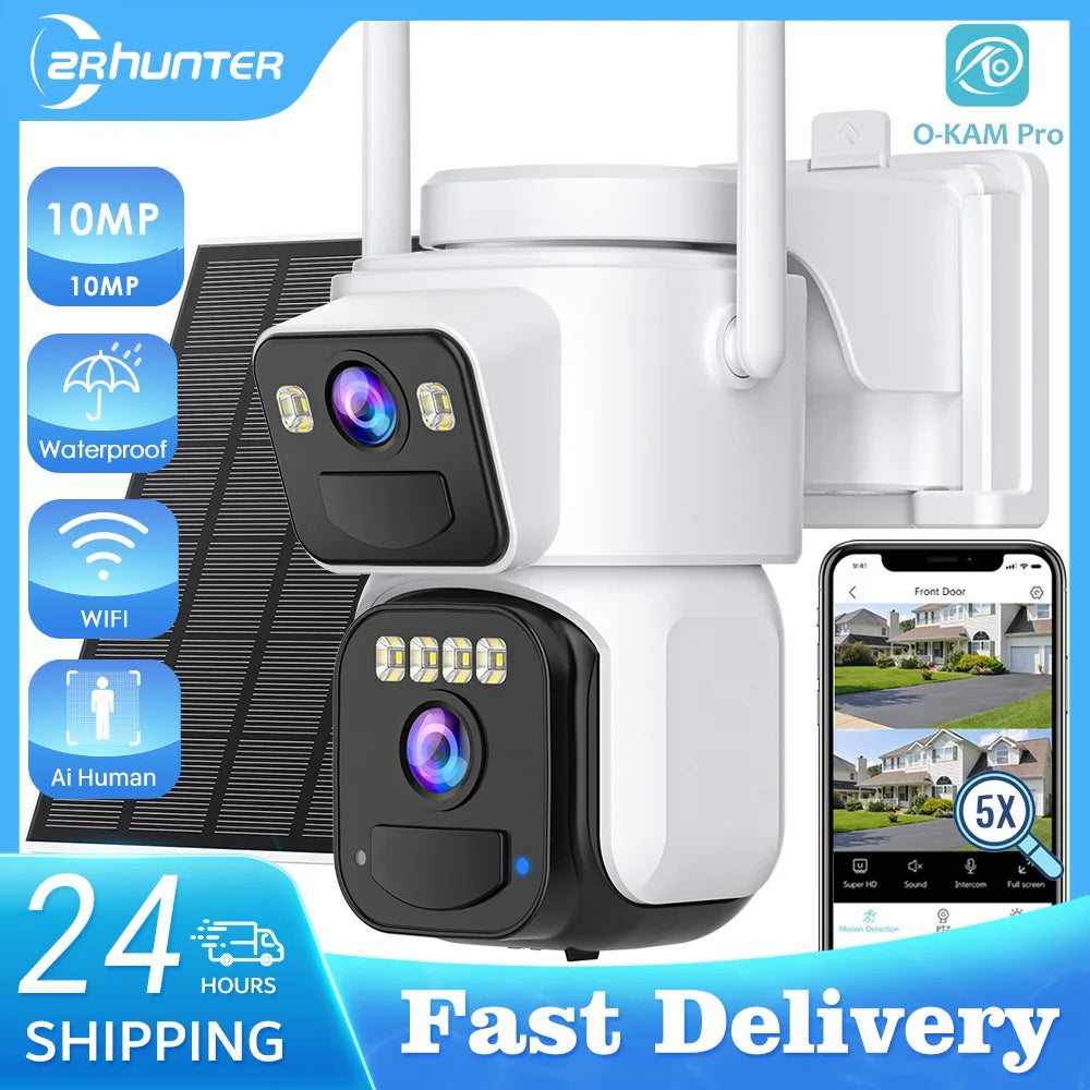 10MP PZT Solar IP Camera WiFi Outdoor 5K HD Dual Lens Home Security Camera Built in Battery Solar Panel and AI Person Detection