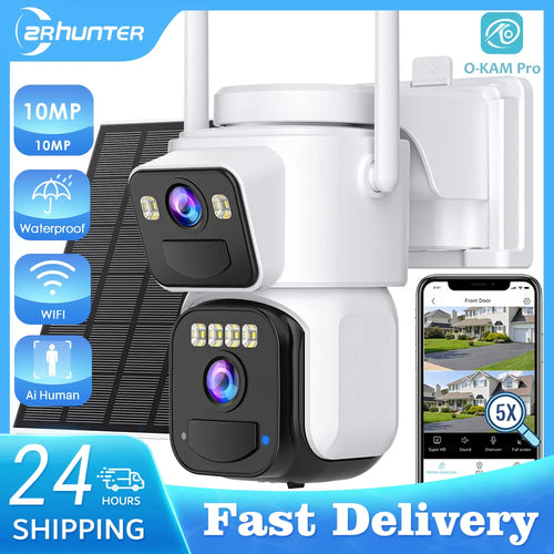 Dual-lens solar IP WiFi outdoor security camera with built-in spotlight and screen app view
