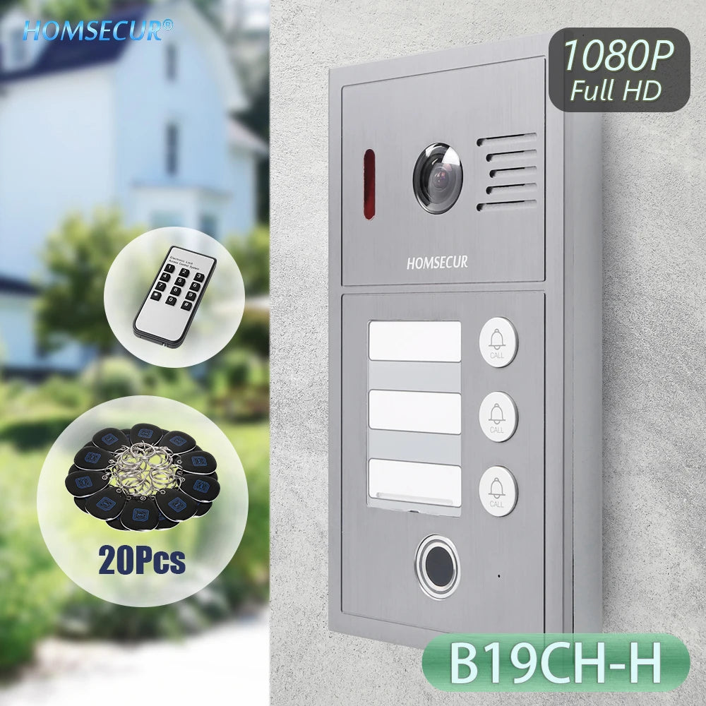 HD Waterproof Doorbell Camera with 3 Buttons Fingerprint RFID Access 1080P for 4 Wire HOMSECUR Video Door Phone Intercom 3 Flats