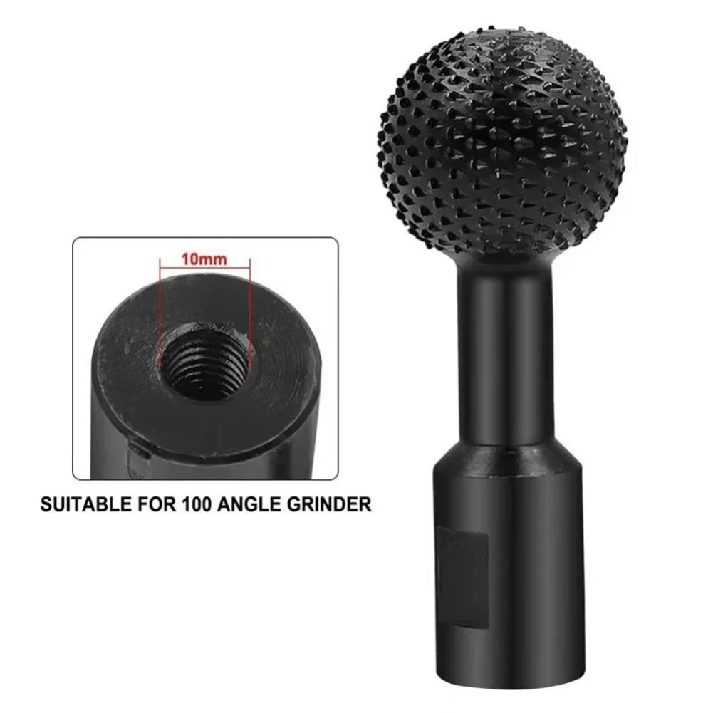 Black textured 10mm spherical carving ball bit with threaded collar for angle grinders