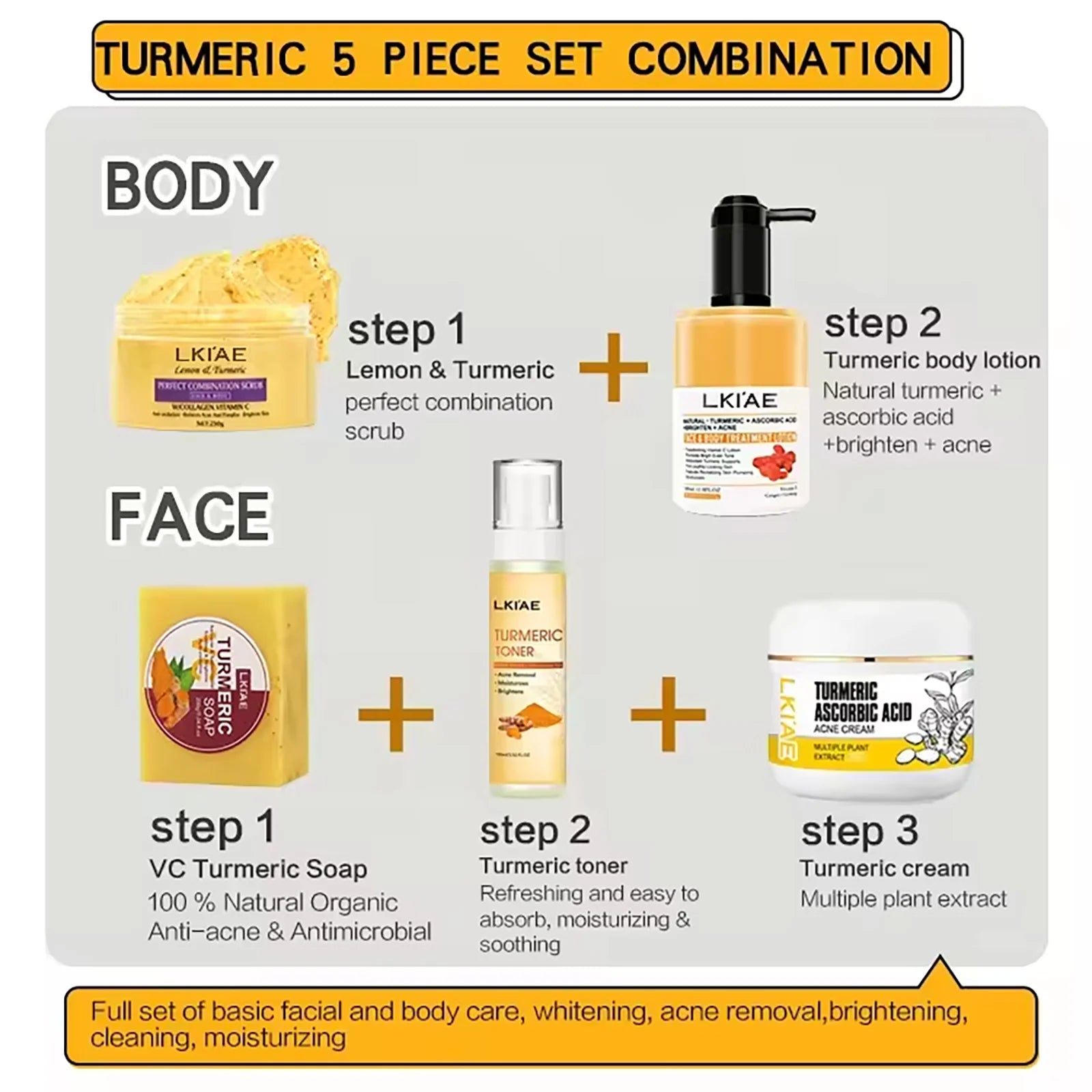 Organic Turmeric Skin Care Kit, Brighten, Clean, Remove Darkness, Spots, Acne, Lighten, Hydration, Exfoliate, Even Skin Tone