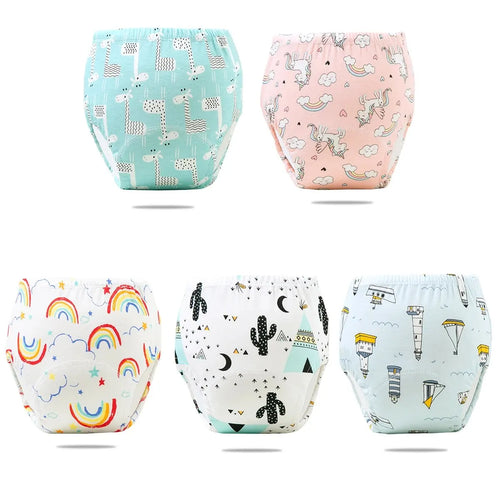 5-pack baby potty training underwear with colorful giraffe, unicorn, rainbow, cactus, and lighthouse prints.