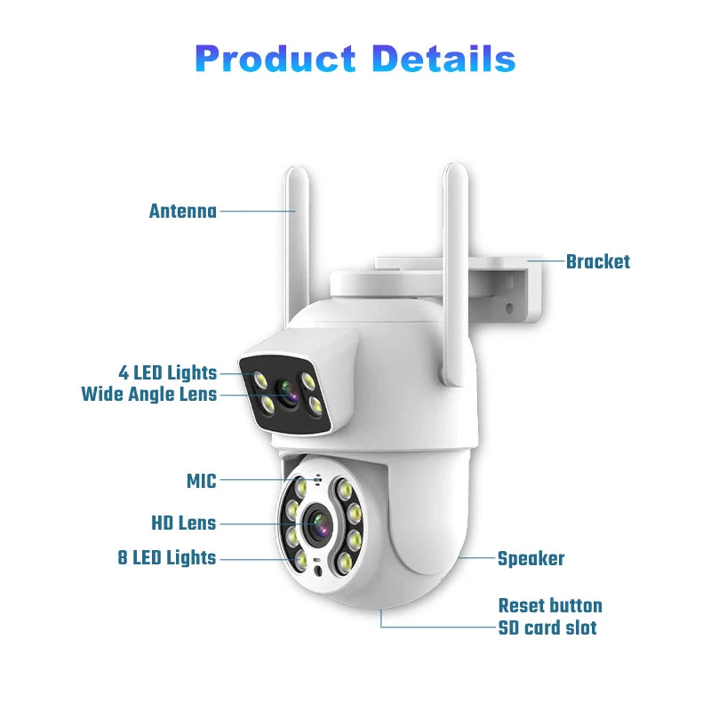 8MP 4K Dual Lens with Dual Screen PTZ Wifi Camera Ai Human Detect Auto Tracking Wireless Outdoor Surveillance Camera iCSee App