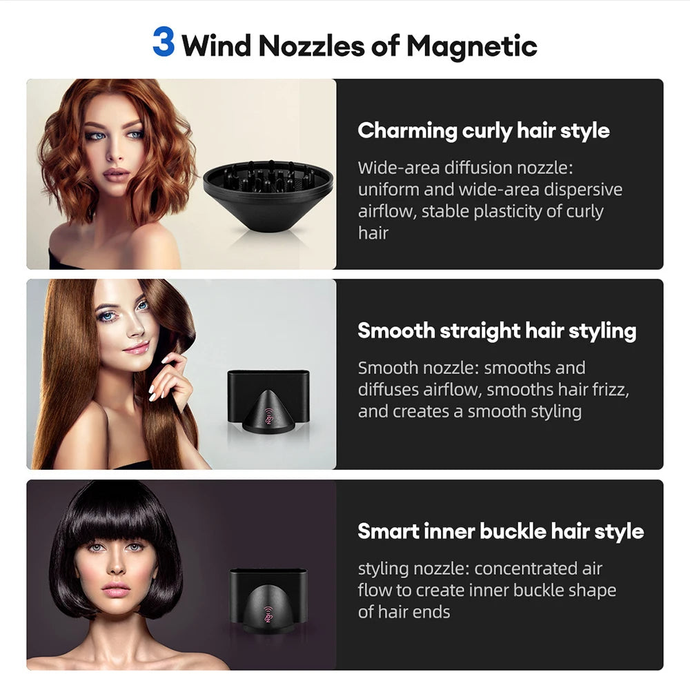 Professional hair dryer with 3 magnetic nozzles for curly, straight, and styling salon results at home.
