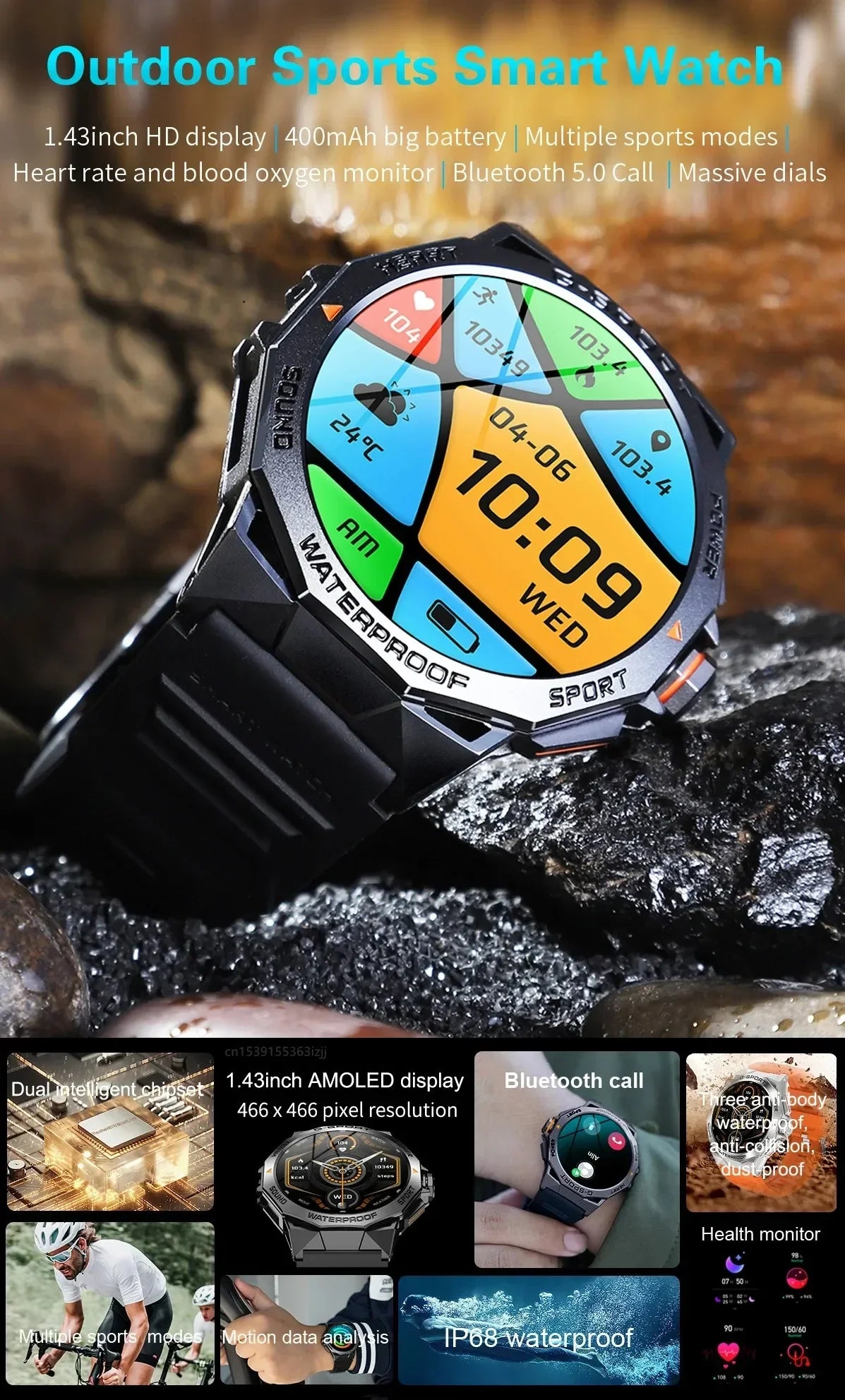 1.43inch AMOLED Screen Smartwatch Men Outdoor Sports Fitness 400mAh Large Battery Bluetooth Call Music Heart Rate Smart Bracelet