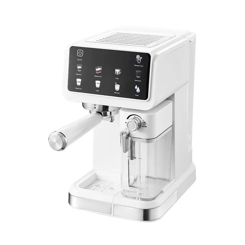 White espresso coffee maker with touch display, integrated milk frother, and portafilter for home kitchen use.