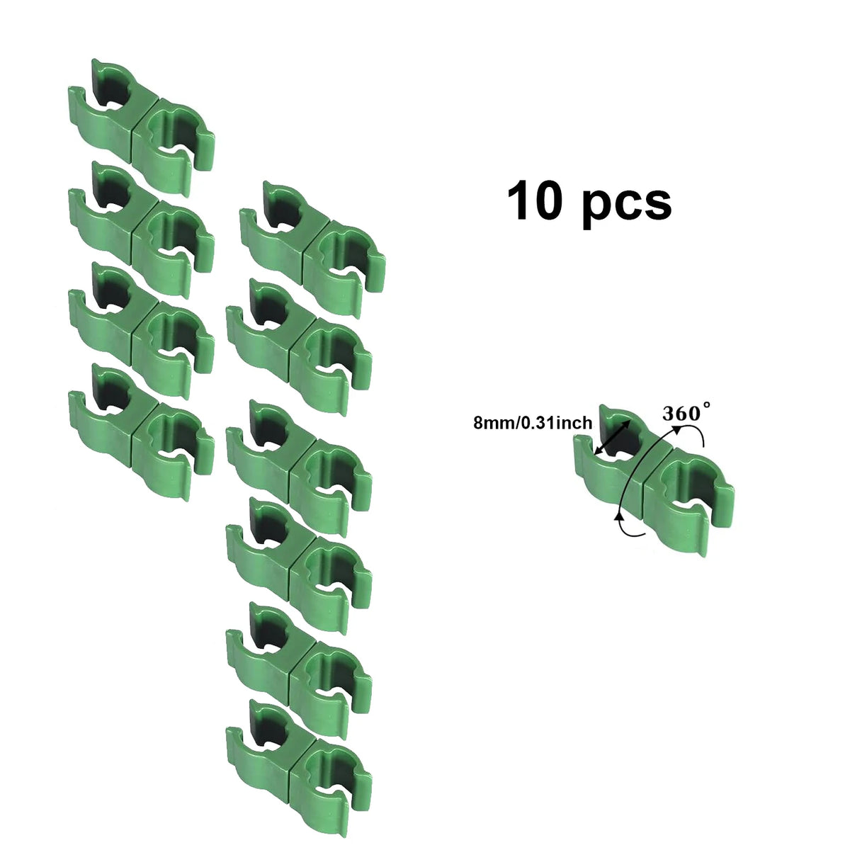 Light green plastic plant support clips, 10-pack, 8mm holders with 360° rotation