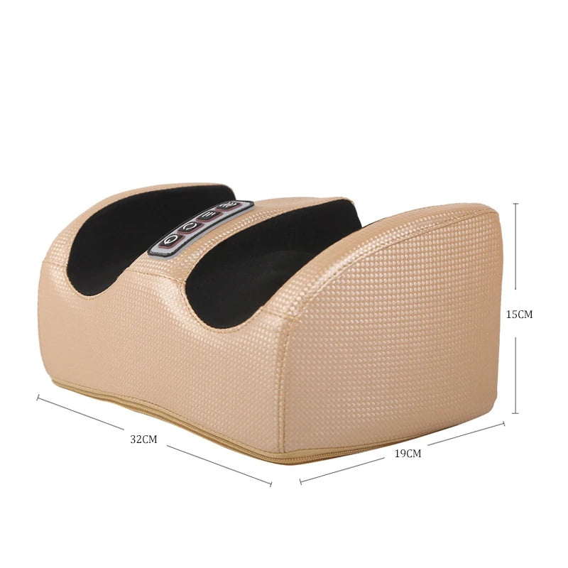 Beige electric foot and calf massager with deep tissue kneading, heating, and control panel on a textured exterior.