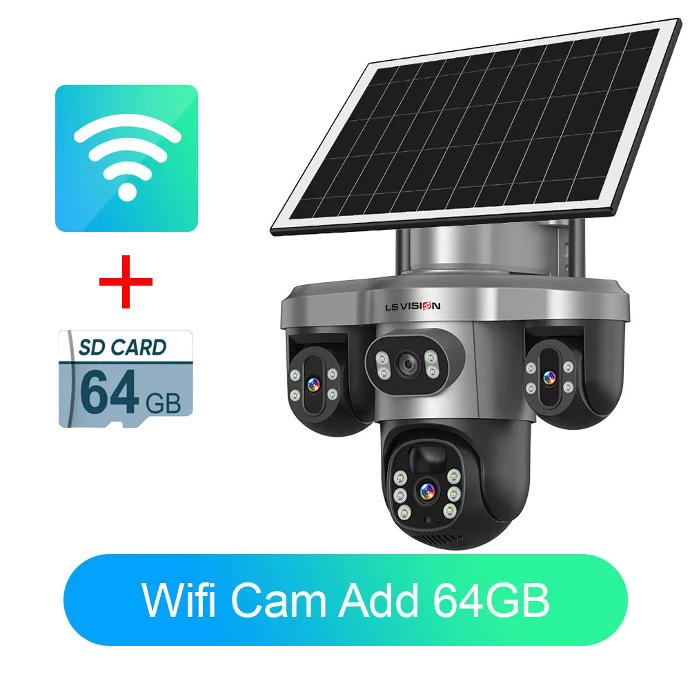 Outdoor solar security camera with solar panel, three lenses, WiFi, 64GB SD included