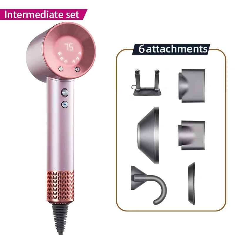 Pink high-speed hair dryer with LED display, 6 styling attachments, and professional negative ion tech.
