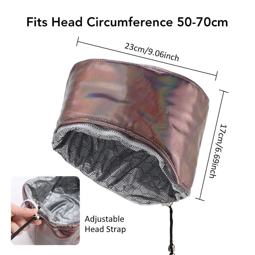 Metallic bronze PU leather thermal hair steamer cap with adjustable drawcord for deep conditioning home spa treatments.