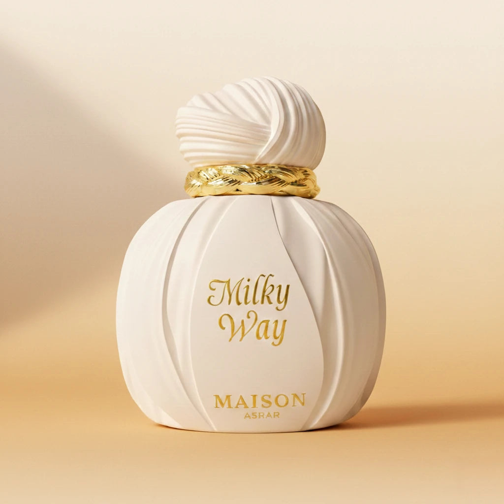 Milky Way Maison Asrar 100ml unisex perfume. White turban-shaped bottle, plum, caramel, vanilla, sandalwood EDP spray.