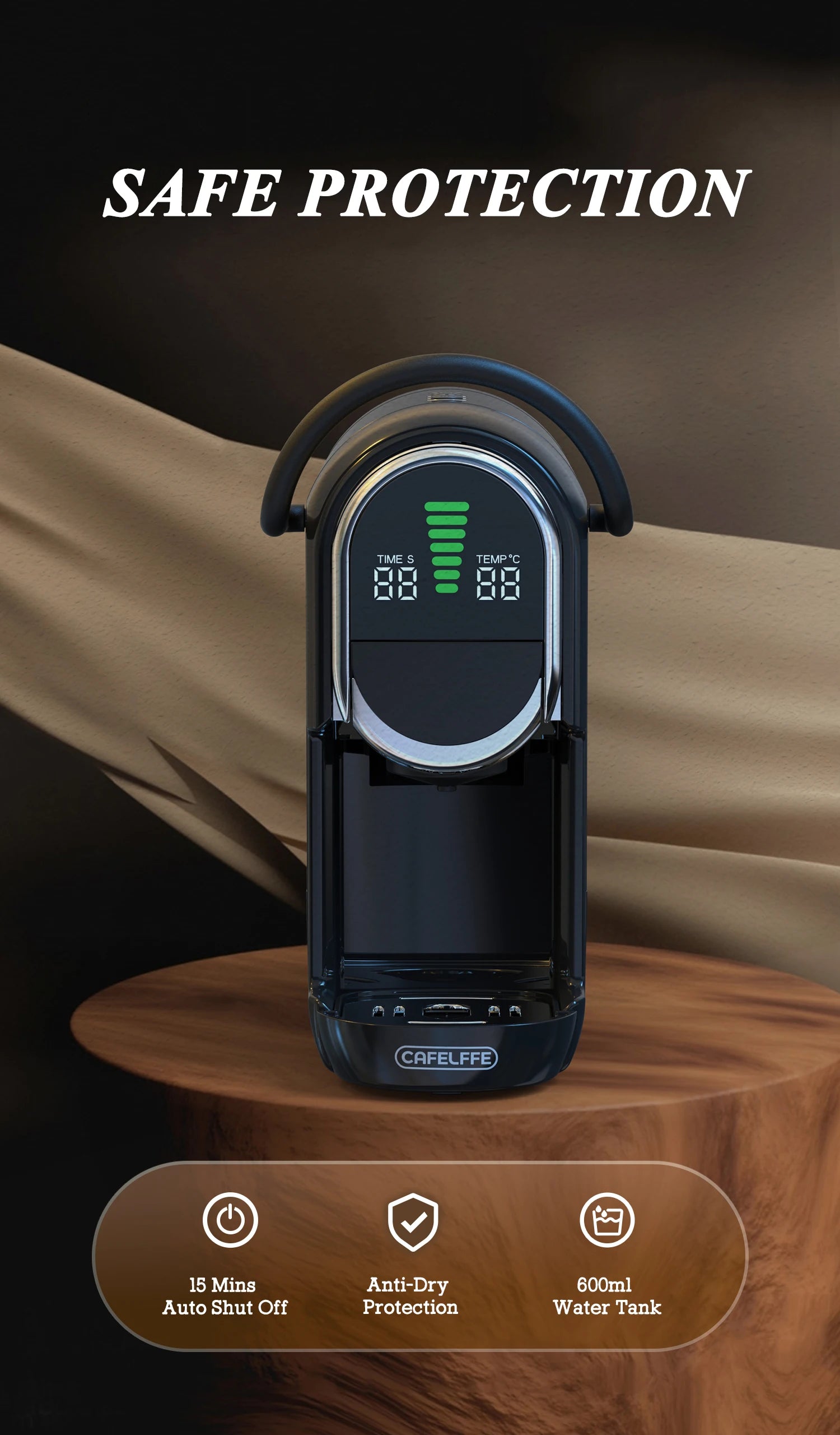 Cafelffe black coffee maker with digital display, 600ml water tank, and safety auto-shutoff features.