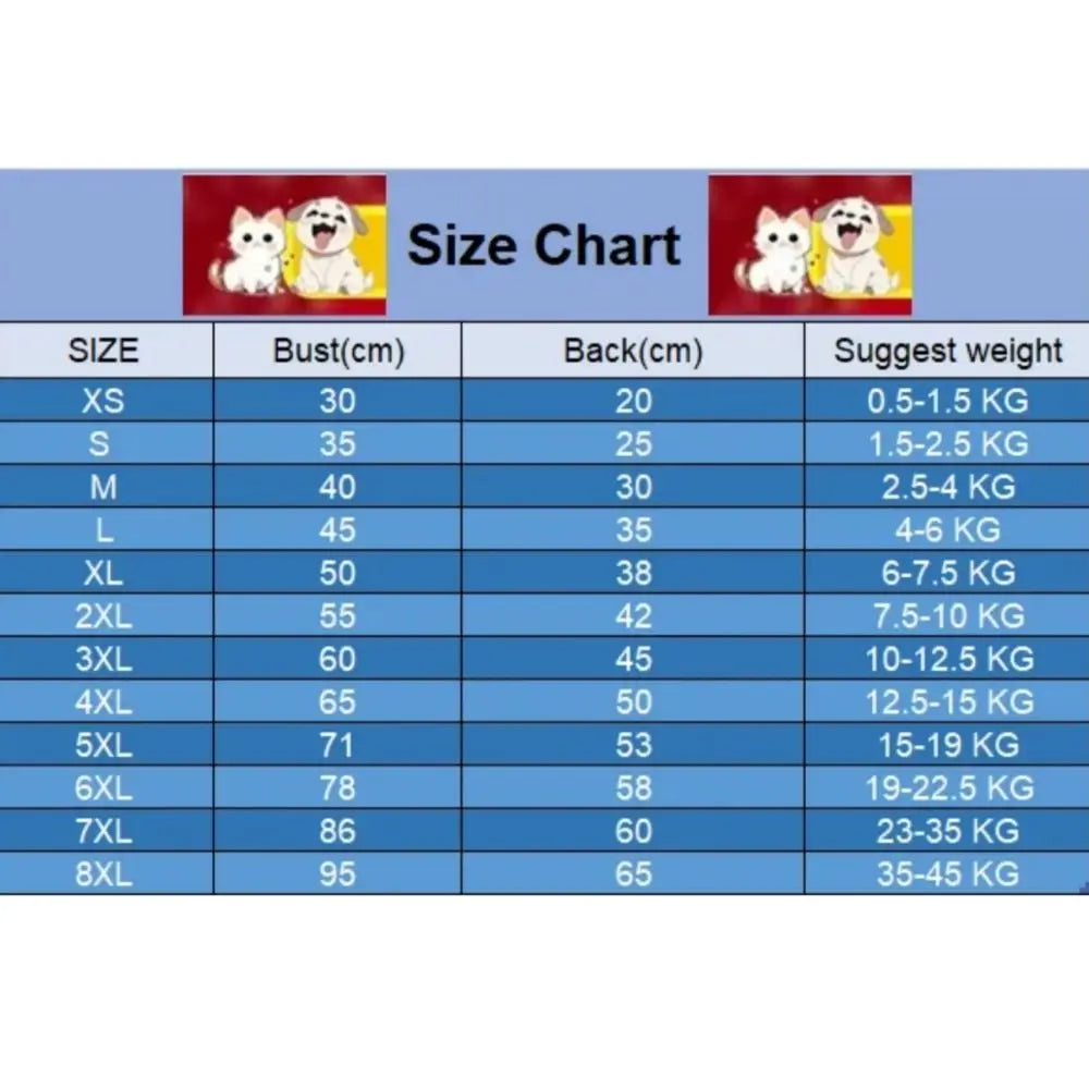 Size chart for winter warm puppy baseball jacket, suitable for small to large dogs and cats for outdoor activities.